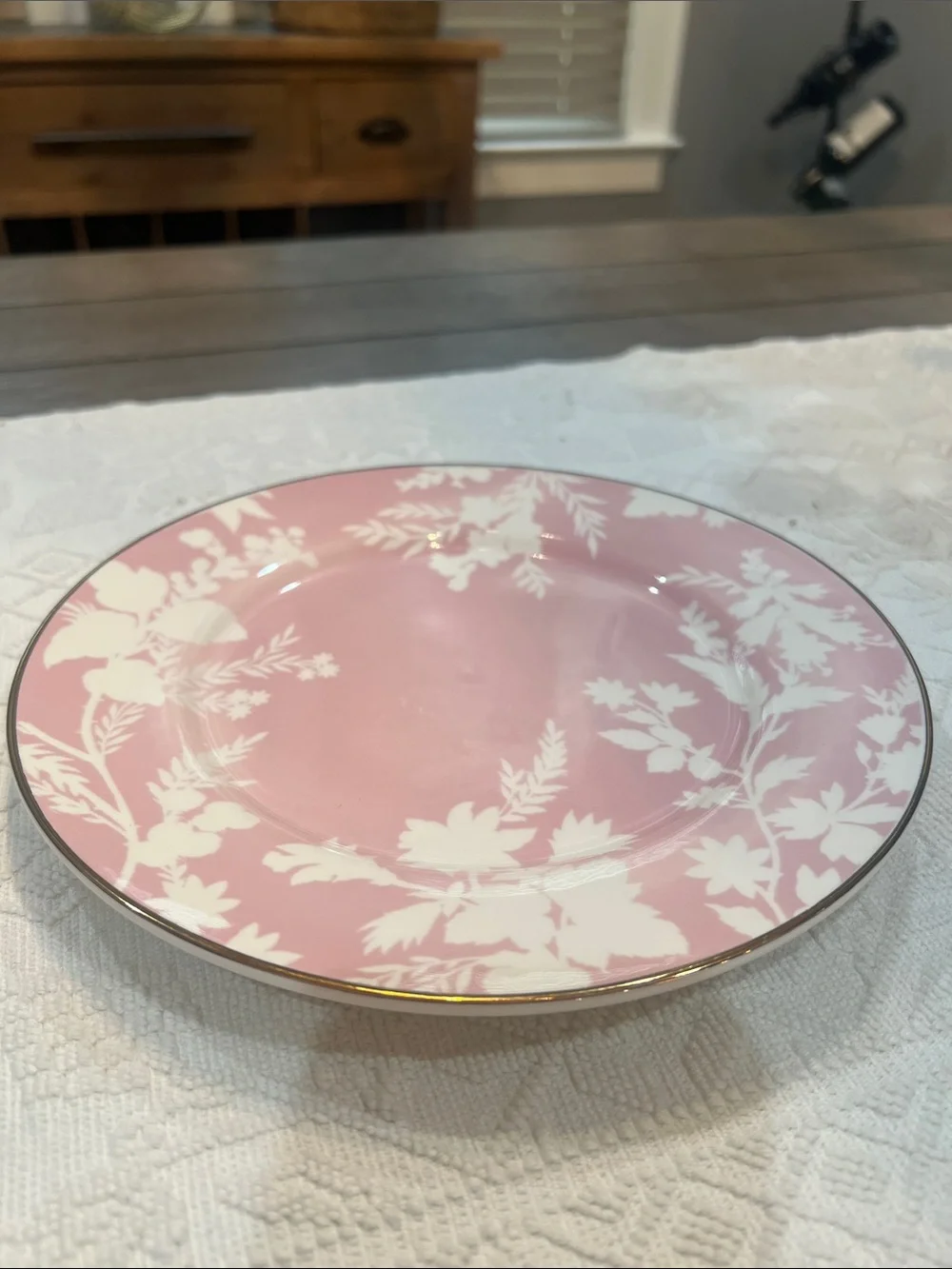 3 Pottery Barn Pink & White Floral Plates Gold Trim 8.75 Inch